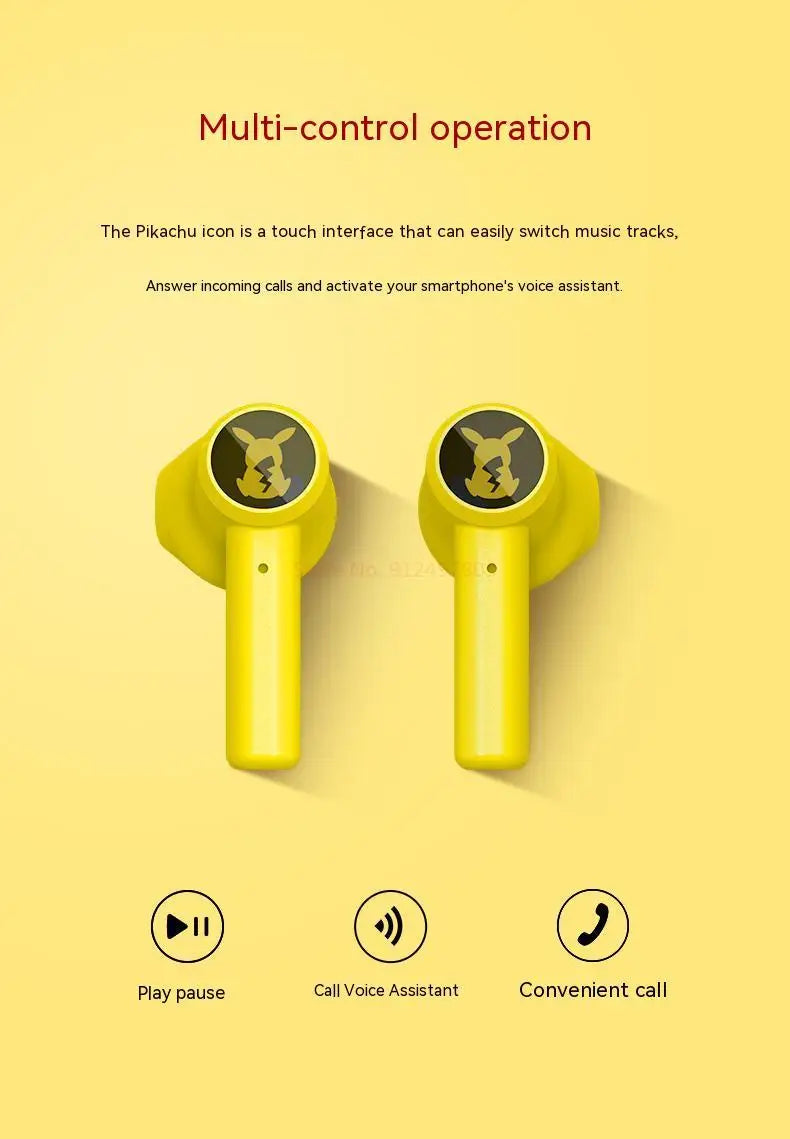 Pokemon Pikachu Earphones 5.0 Wireless Bluetooth Sport Noise Reduction Headphones Touch Control Microphone Universal Gift
