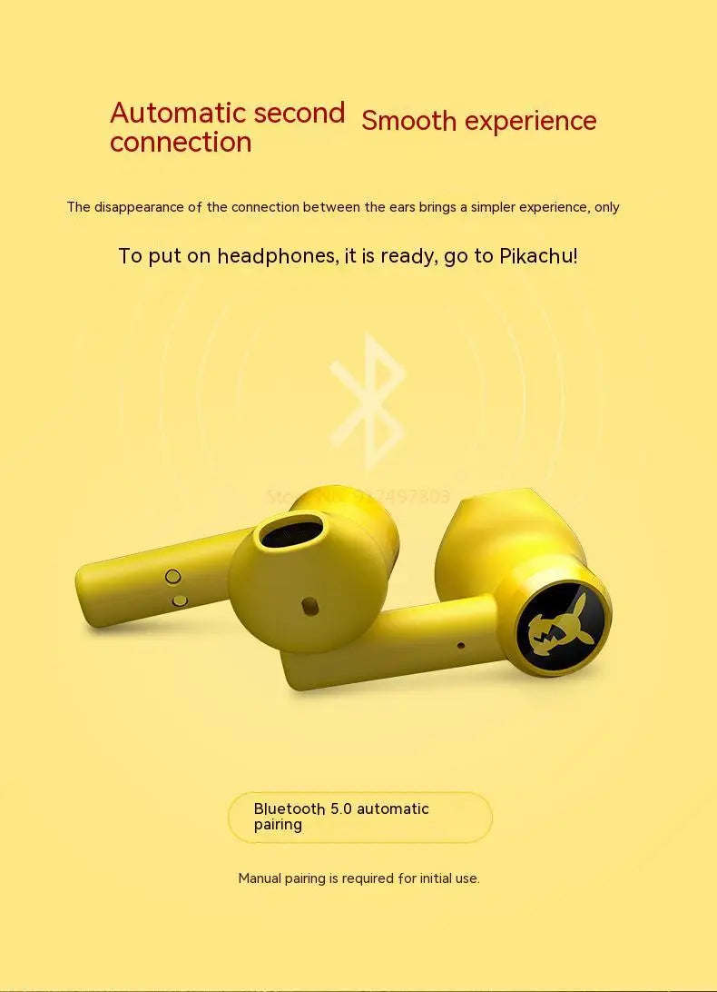 Pokemon Pikachu Earphones 5.0 Wireless Bluetooth Sport Noise Reduction Headphones Touch Control Microphone Universal Gift