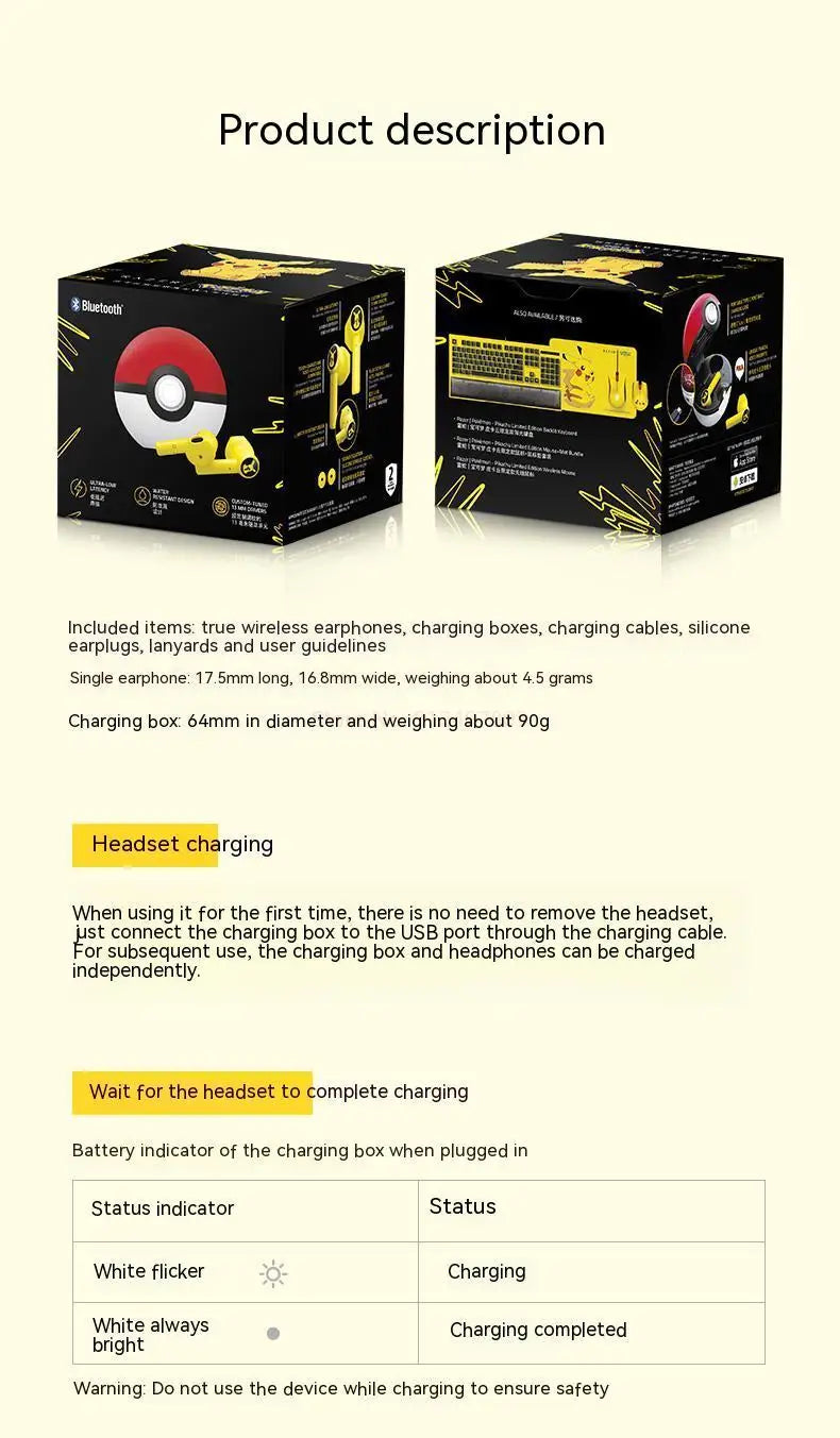 Pokemon Pikachu Earphones 5.0 Wireless Bluetooth Sport Noise Reduction Headphones Touch Control Microphone Universal Gift