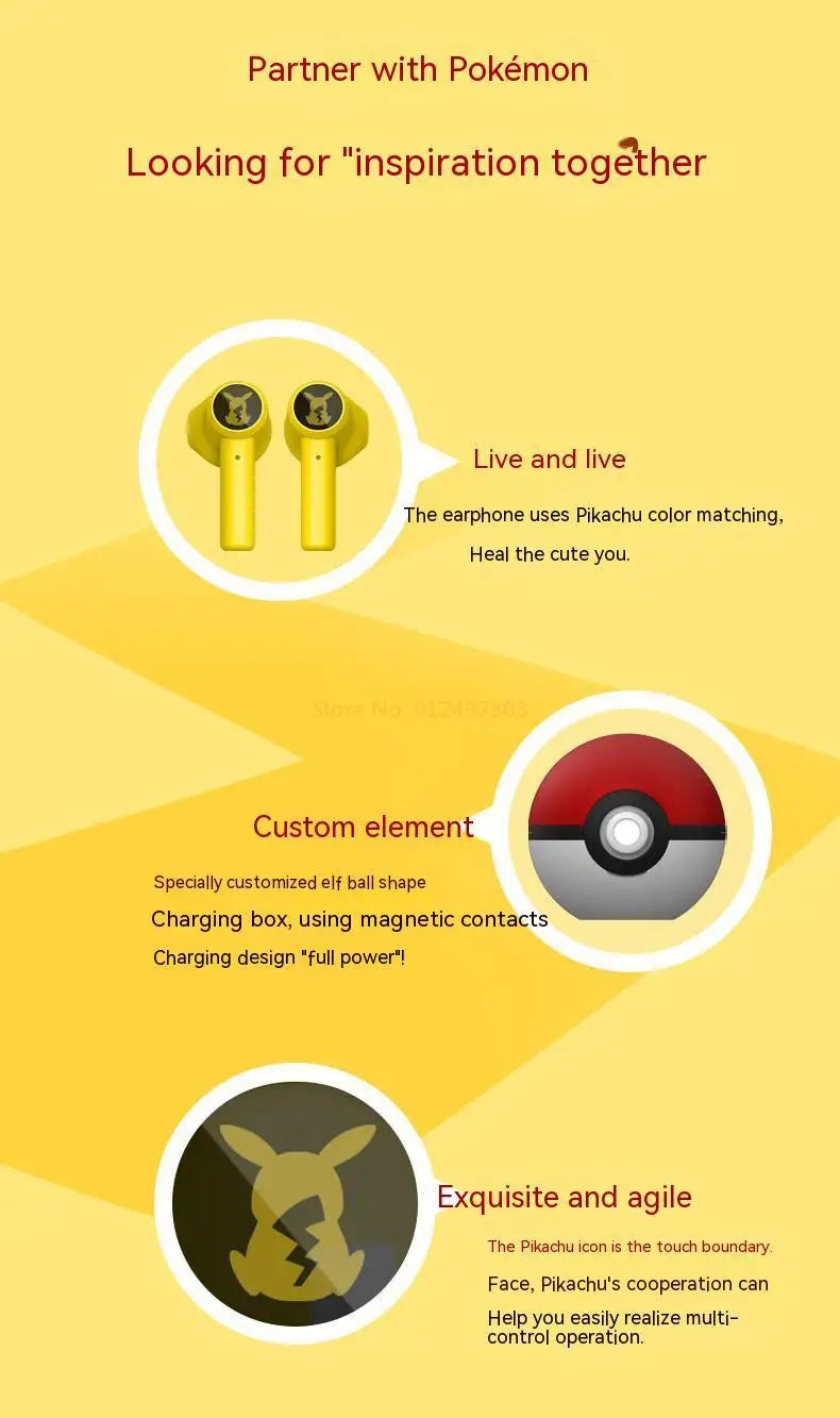 Pokemon Pikachu Earphones 5.0 Wireless Bluetooth Sport Noise Reduction Headphones Touch Control Microphone Universal Gift